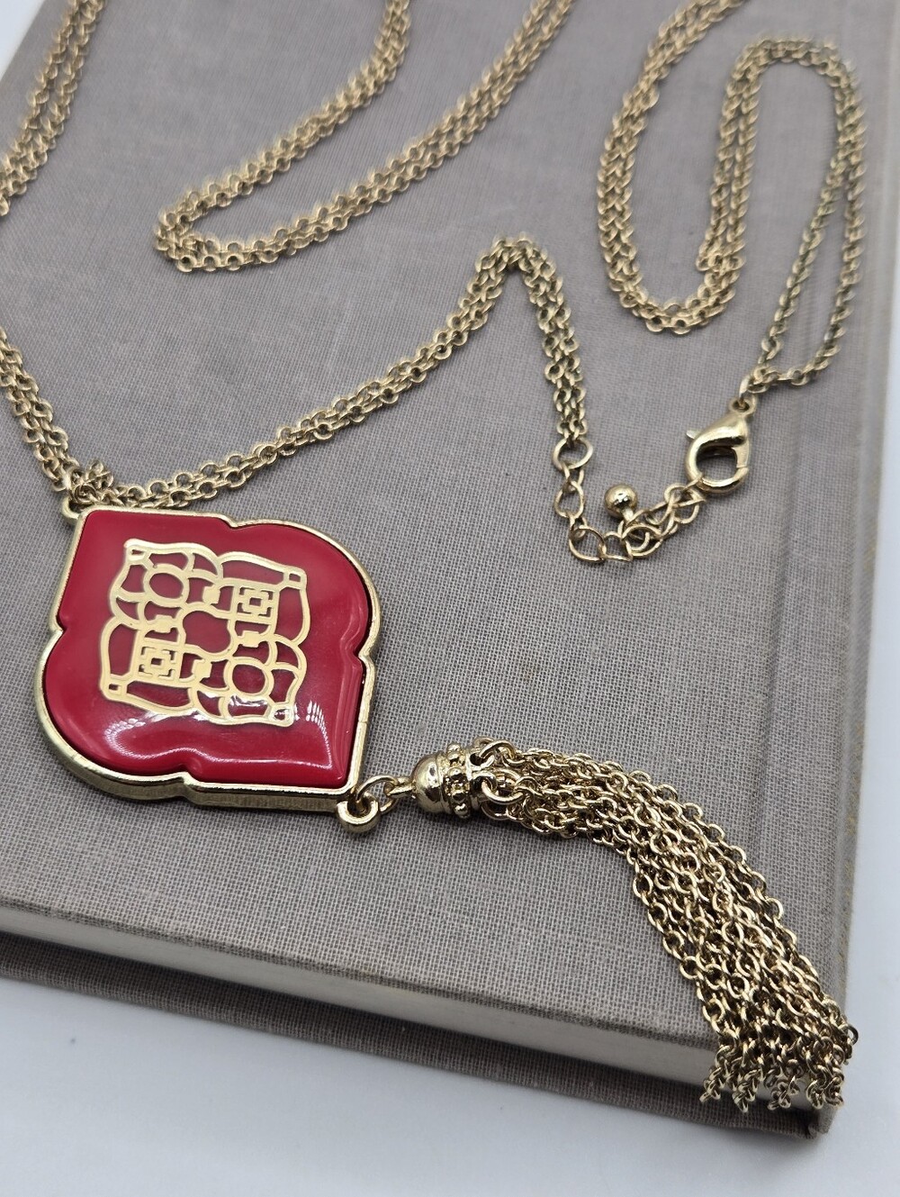 Long Gold Red Chinoiserie Medallion Necklace Asian Enamel Tile Pendant Tassel 32